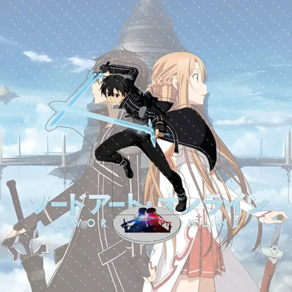 Black and white sword art online acrylic stand featuring a male character with a glowing blue sword for display