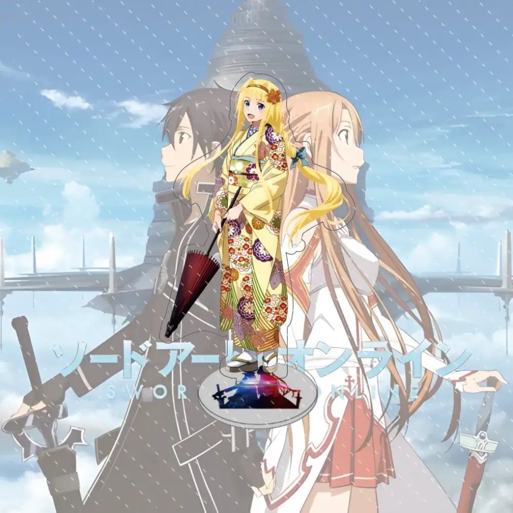 Sword art online asuna acrylic stand featuring a 15cm acrylic model with golden kimono and blue ribbon detail