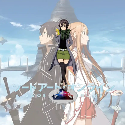 Black and green anime-style character acrylic stand from sword art online asuna acrylic stand holding yellow bottle