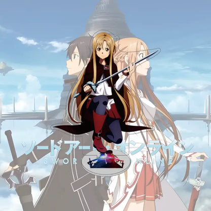 Silver sword with glowing blue and red hilt held by anime character in sword art online asuna acrylic stand model