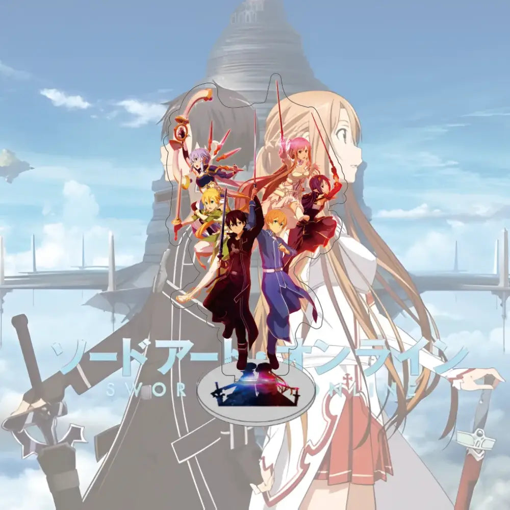 Anime-style sword art online asuna acrylic stand featuring colorful characters and floating swords on a 15cm acrylic model