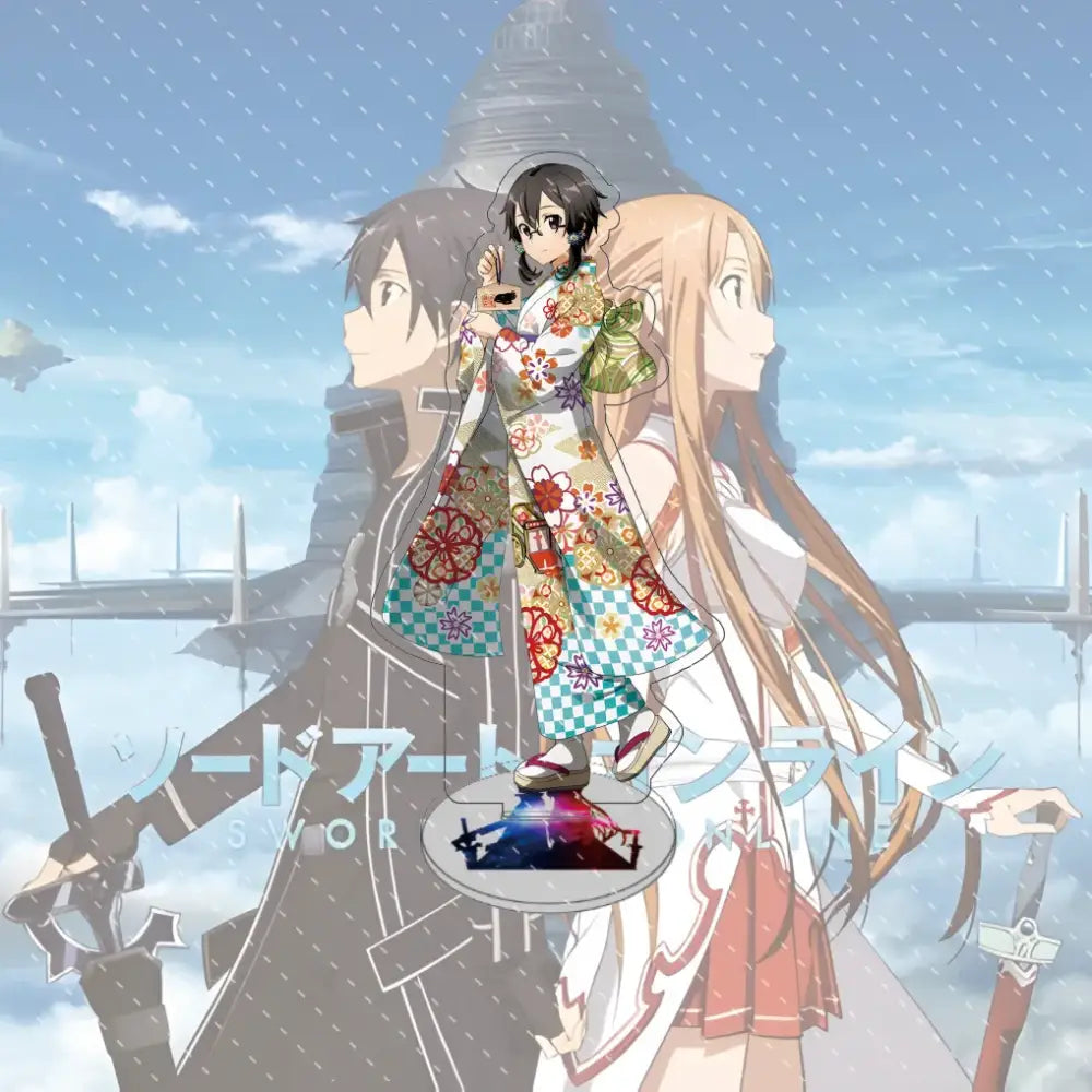 A sword art online asuna acrylic stand featuring a girl in a colorful floral kimono on a circular platform under anime sky