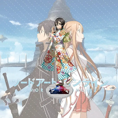 A sword art online asuna acrylic stand featuring a girl in a colorful floral kimono on a circular platform under anime sky