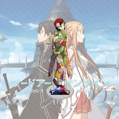 Sword art online asuna acrylic stand featuring a vibrant green and yellow kimono with intricate floral patterns in 15cm model