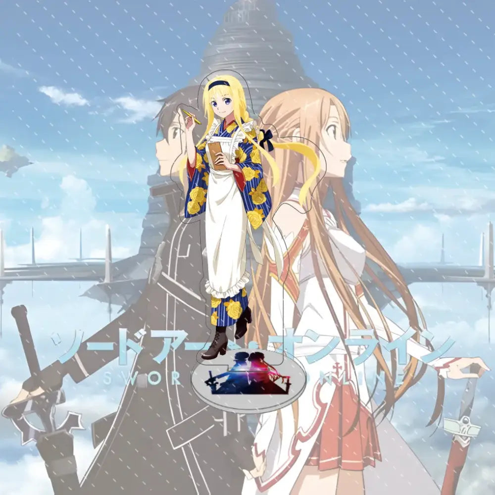 Anime style sword art online asuna acrylic stand featuring a blonde woman in white dress and blue yellow jacket 15cm model