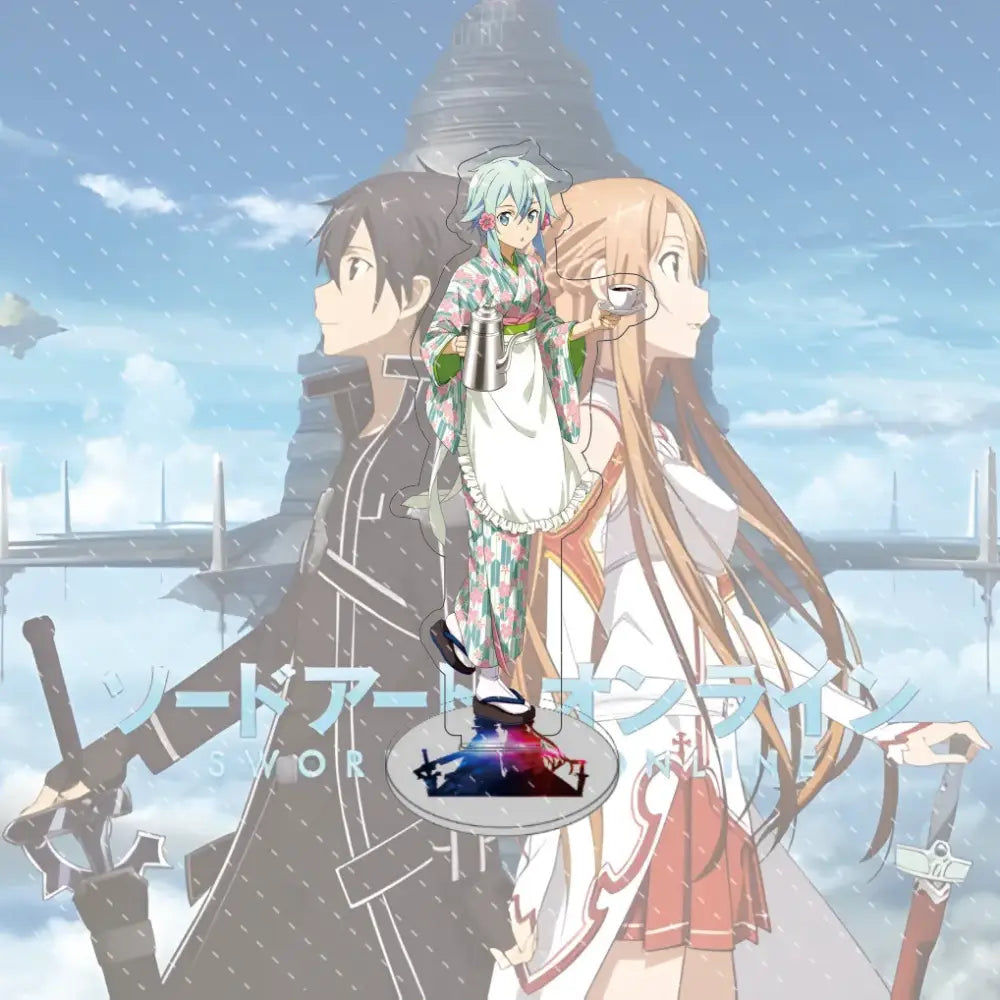 Silver and black circular acrylic stand with glowing blue and red center and stylized sword motifs for sword art online asuna acrylic stand