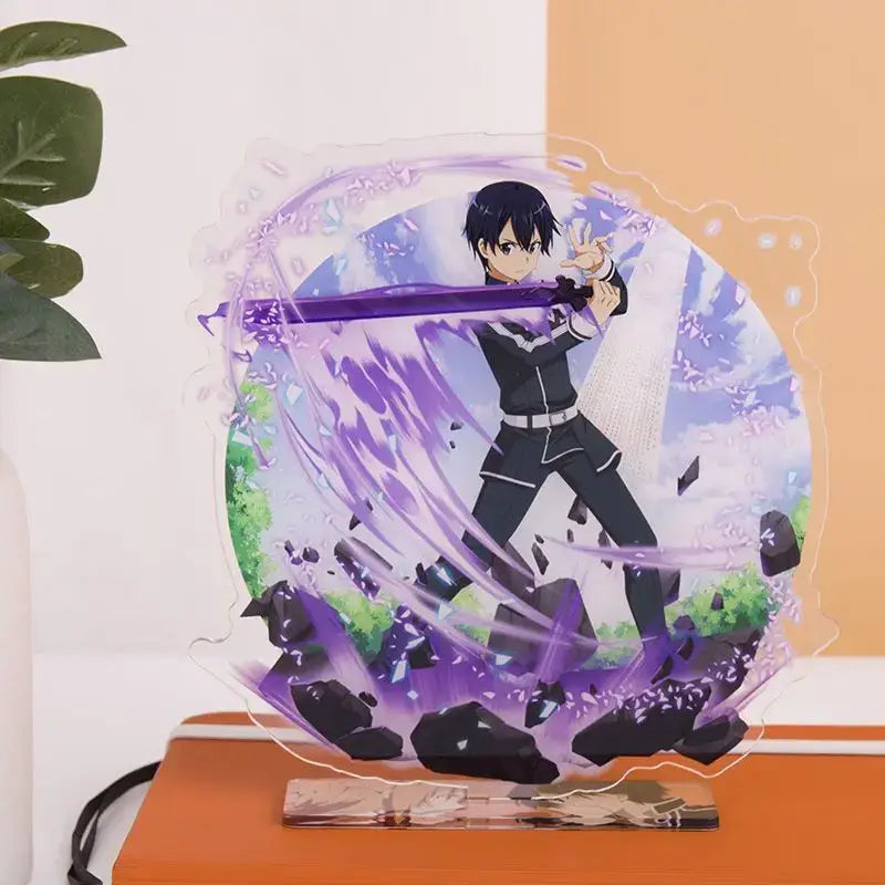Clear acrylic sword art online asuna acrylic stand with purple energy effects and shattered rocks for desktop decor