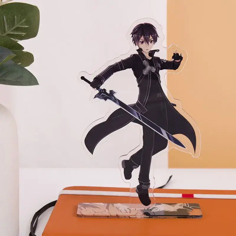 Clear acrylic stand featuring black-clad Asuna in dynamic pose with sword from sword art online for desktop decor