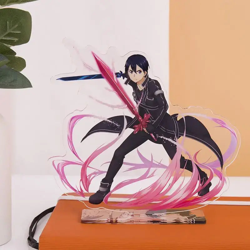 Clear acrylic stand featuring black-haired anime character asuna in dynamic combat pose with glowing pink energy swirls sword art online acrylic stand