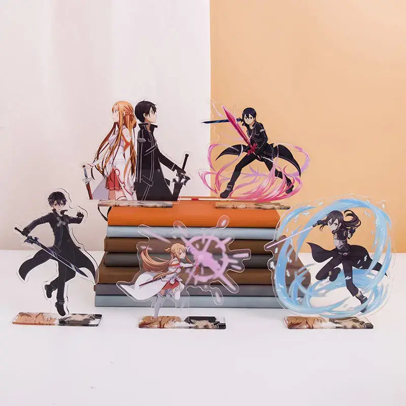 Clear acrylic standees of sword art online characters featuring asuna acrylic stand with vibrant pink and blue energy effects