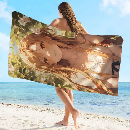 A soft oversized microfiber sword art online bath towel with a detailed anime Asuna illustration and floral green background