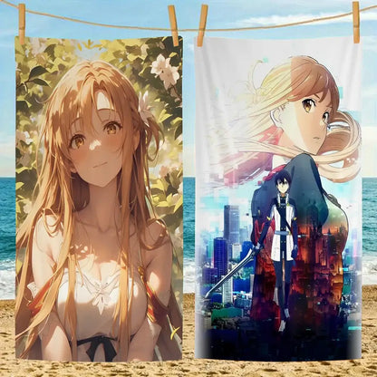 Two microfiber soft absorbent sword art online beach towels featuring asuna with floral and dark urban designs