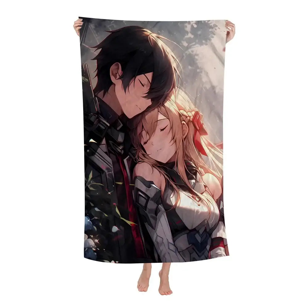 Soft microfiber sword art online bath towel with warm-toned anime illustration of armored characters