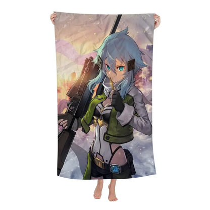 Sword art online asuna microfiber bath towel featuring blue-haired anime character with armored rifle illustration