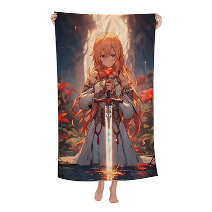 Sword art online Asuna bath towel microfiber soft orange hair armor glowing sword red flowers design