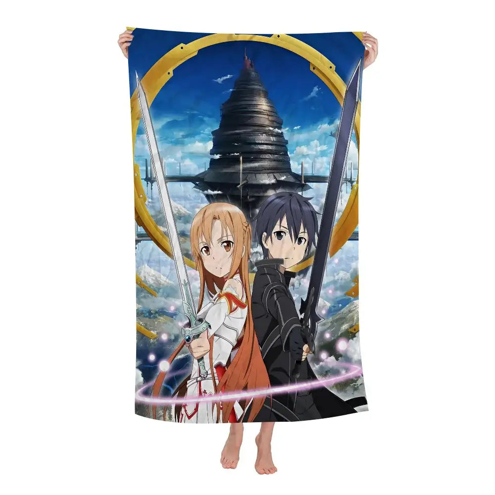 Soft microfiber sword art online bath towel with vibrant print of two characters holding swords in front of golden arches