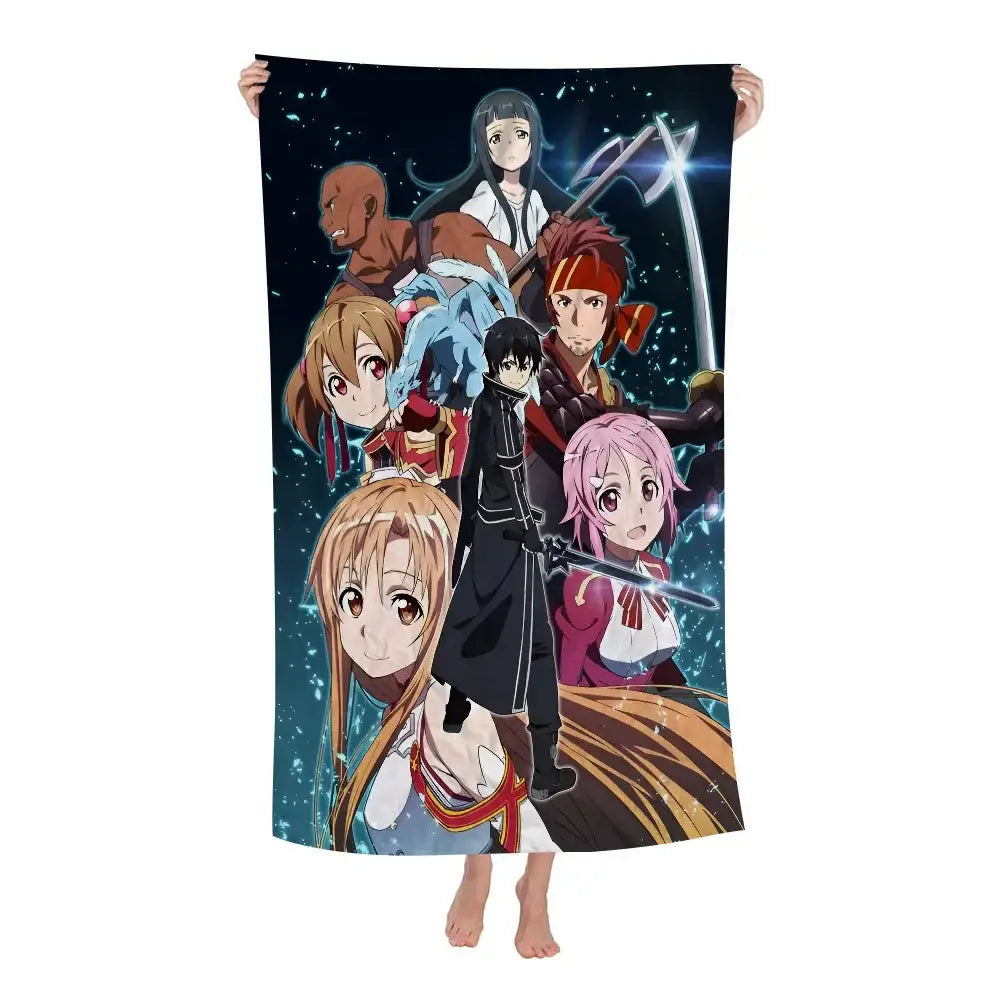 A microfiber soft absorbent sword art online bath towel with vibrant full-color main cast print on starry sky background