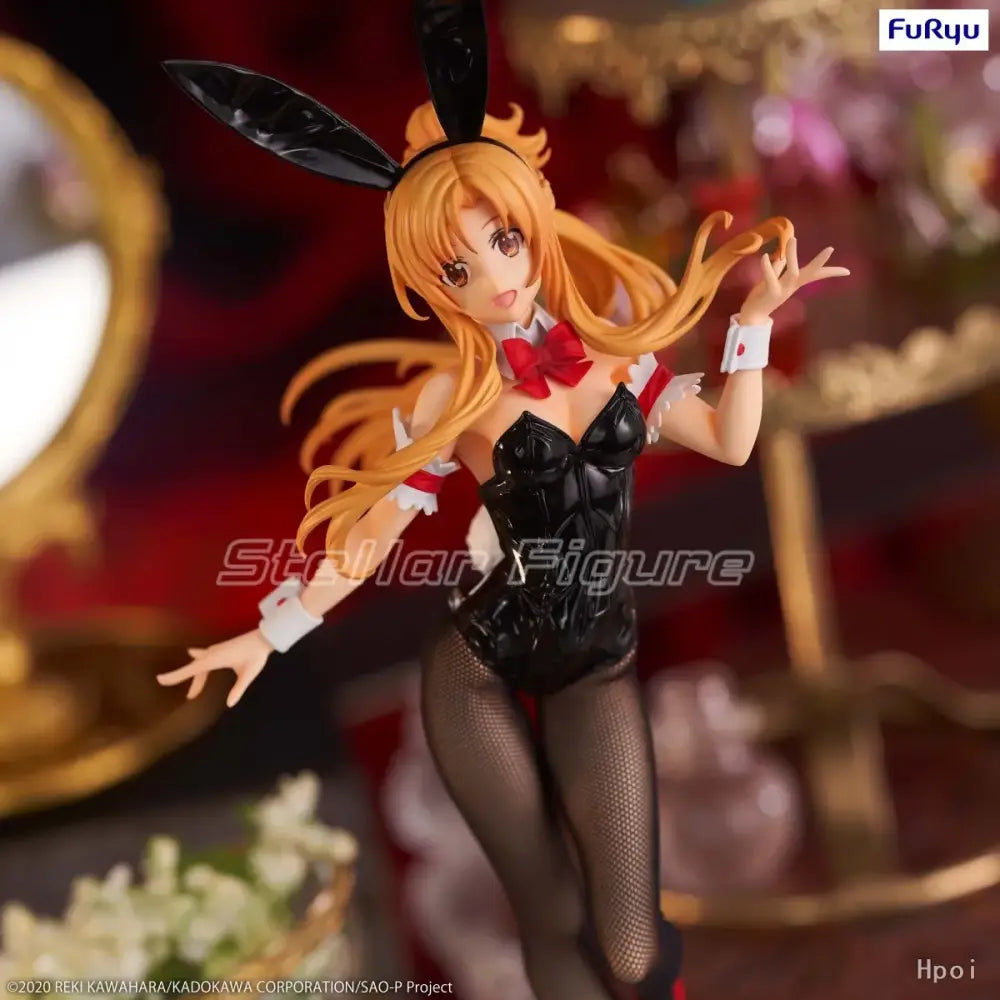Black bunny-themed sword art online asuna bicute bunnies figure with long orange hair wearing glossy black corset and fishnet stockings