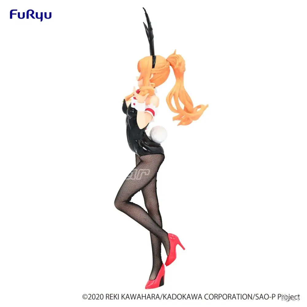 Orange-haired sword art online asuna figure in black bunny costume with red heels and fishnet stockings pvc model