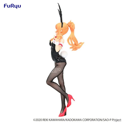 Orange-haired sword art online asuna figure in black bunny costume with red heels and fishnet stockings pvc model