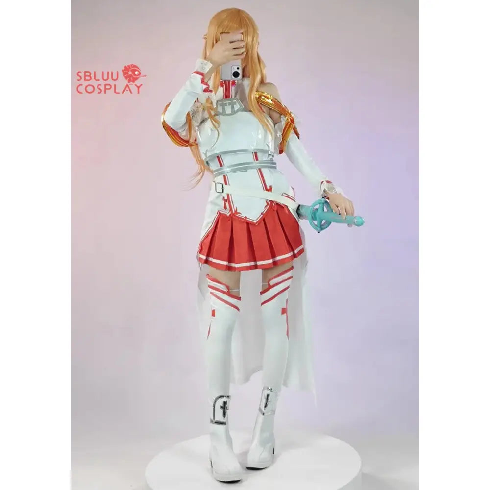 White and red armored sword art online asuna cosplay costume with gold trimmings pleated skirt and thigh-high boots