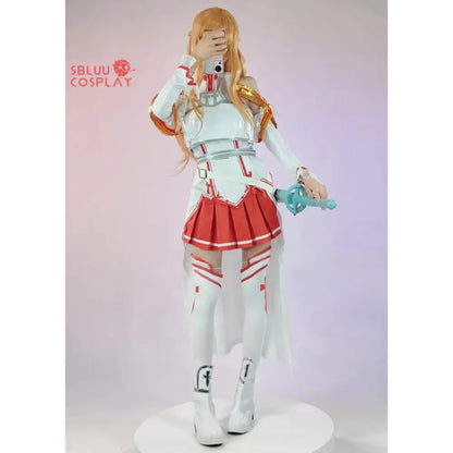 White and red armored sword art online asuna cosplay costume with gold trimmings pleated skirt and thigh-high boots