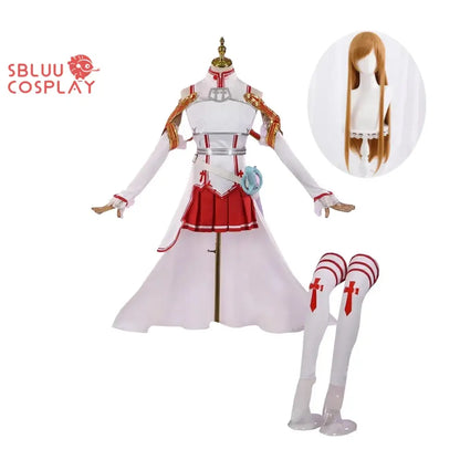 White and red armored sword art online asuna cosplay costume with gold trim and matching thigh-high stockings featuring red crosses