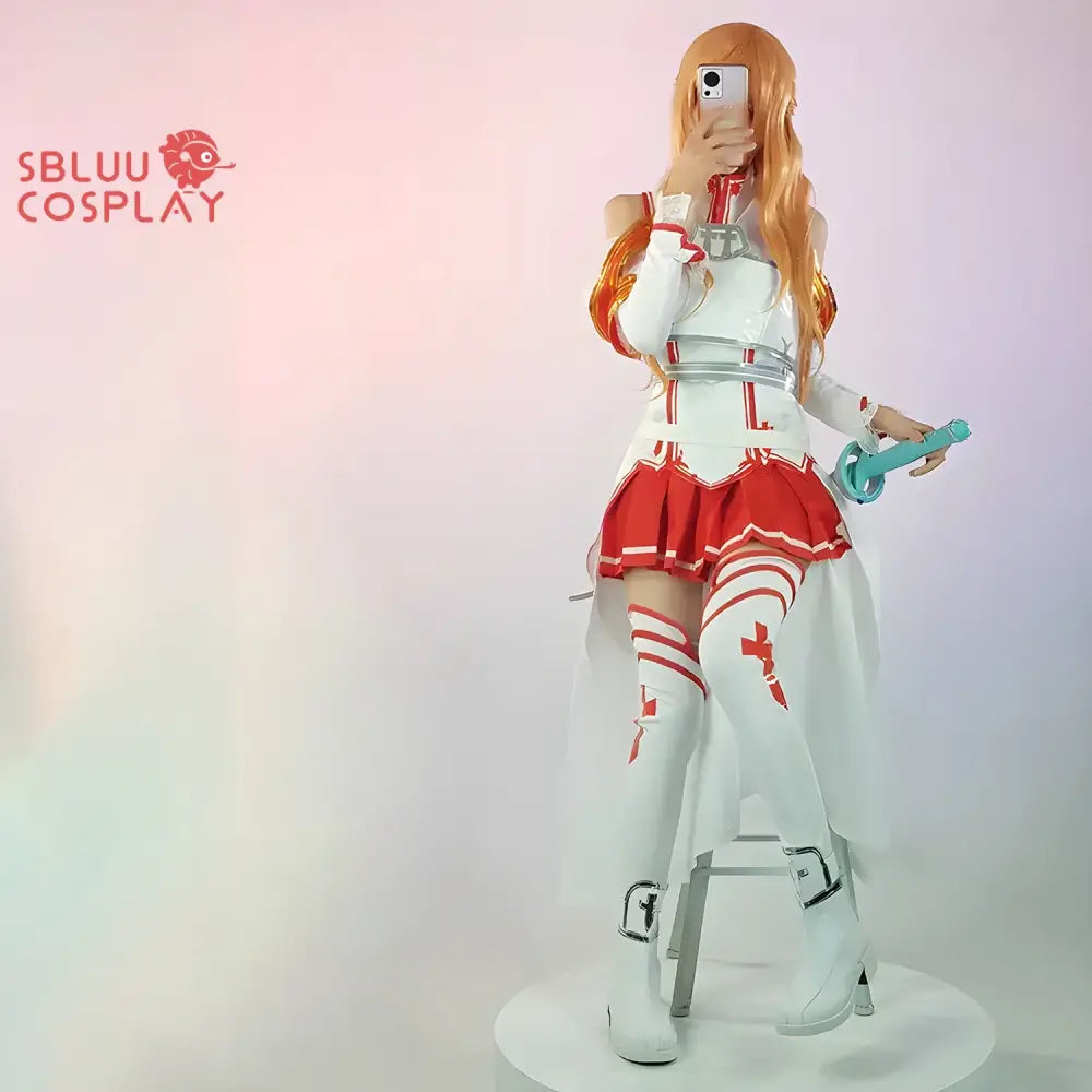 Sword art online Asuna cosplay costume featuring white and red armor with cross patterns and thigh-high boots for Halloween