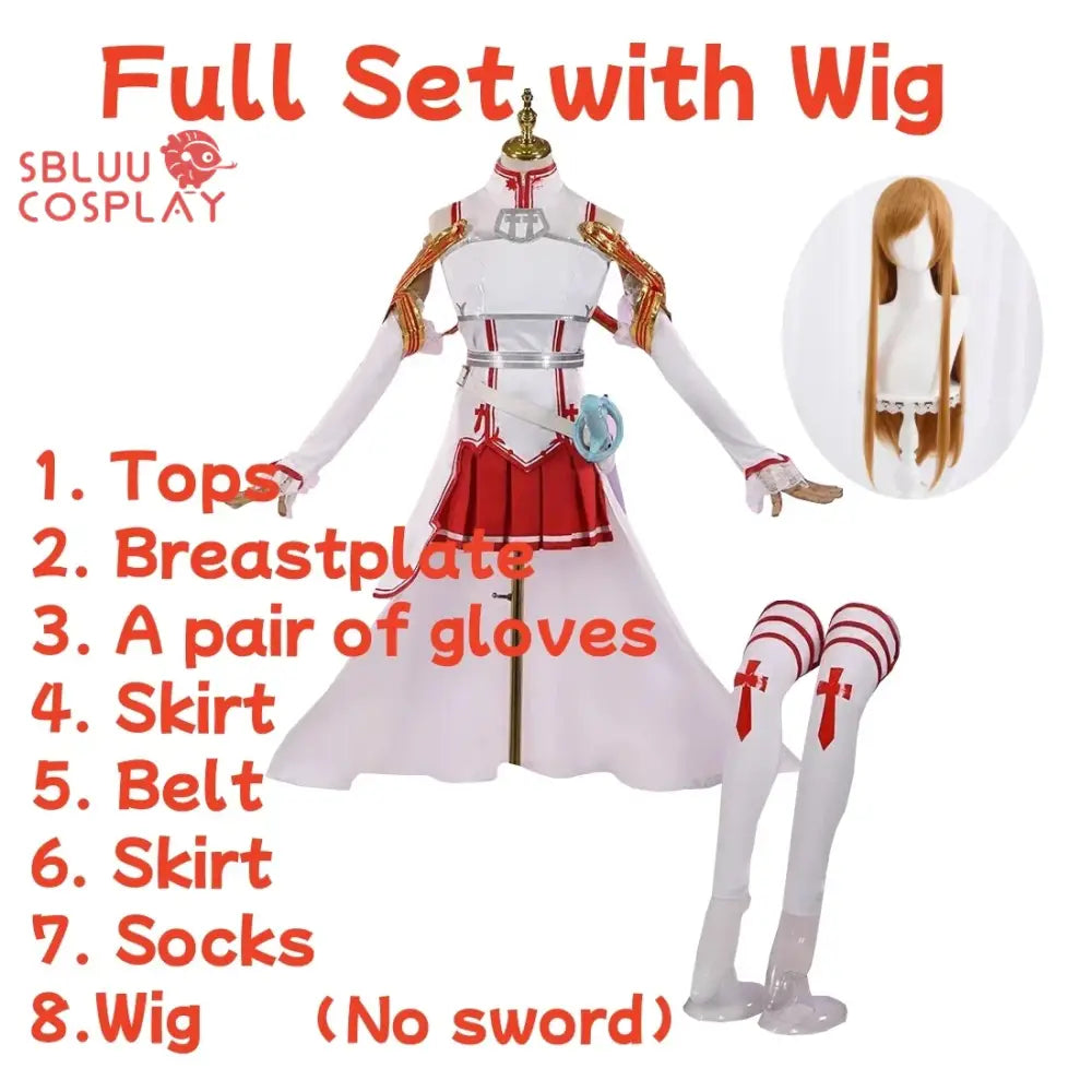 White and red armored sword art online asuna cosplay costume with gold trim, breastplate, layered skirts, and wig for halloween