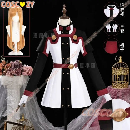 Black and white sword art online asuna cosplay dress with red accents gold buttons and matching belt uniform outfit