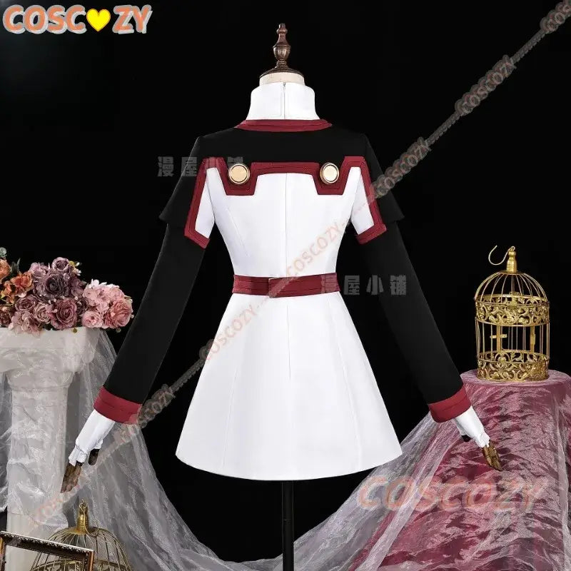 Back side of sword art online asuna cosplay costume featuring black and white dress with red accents and gold buttons