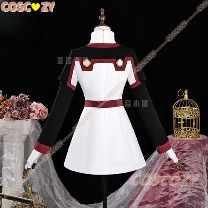 Back side of sword art online asuna cosplay costume featuring black and white dress with red accents and gold buttons