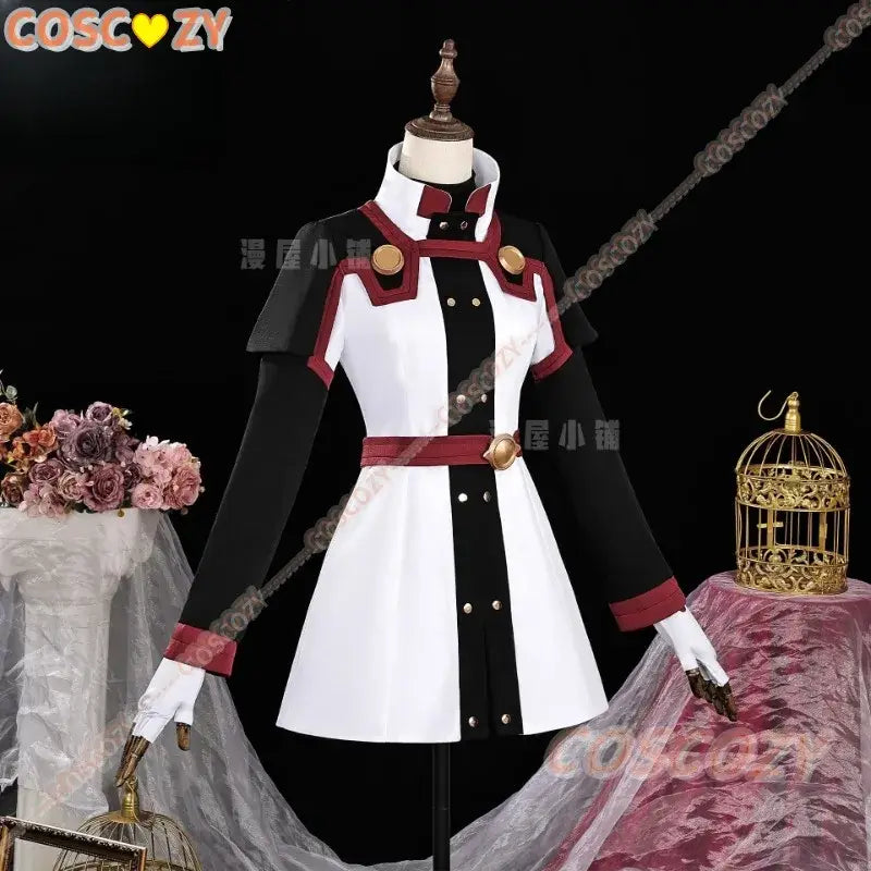 Black and white sword art online asuna cosplay costume dress with red trim gold buttons and matching belt