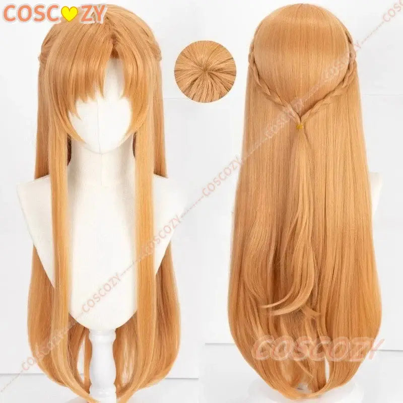Long straight golden-brown cosplay wig with side braid and bangs for sword art online asuna uniform outfit