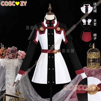Black and white sword art online cosplay dress with red trim gold buttons and matching belt uniform outfit