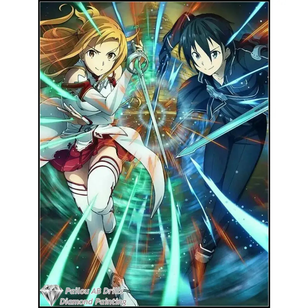 A vibrant sword art online asuna and kirito diamond painting mosaic featuring two characters in dynamic combat poses
