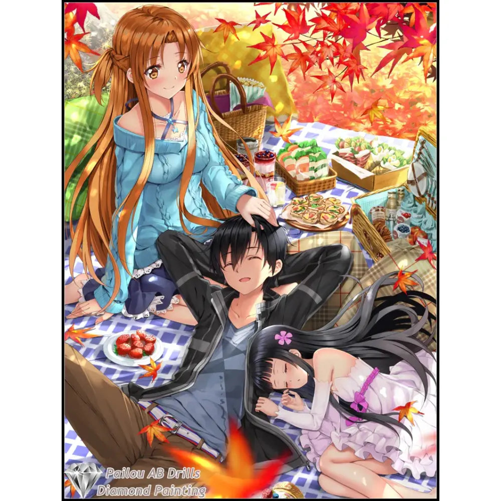 Blue off-shoulder sweater with lace trim and subtle pattern in sword art online asuna kirito diamond painting mosaic