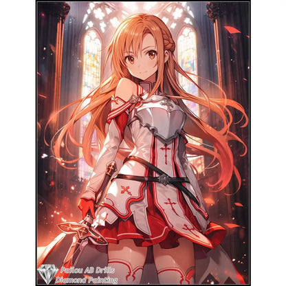 Detailed sword art online asuna diamond painting mosaic of a young woman in white and red armored dress inside cathedral