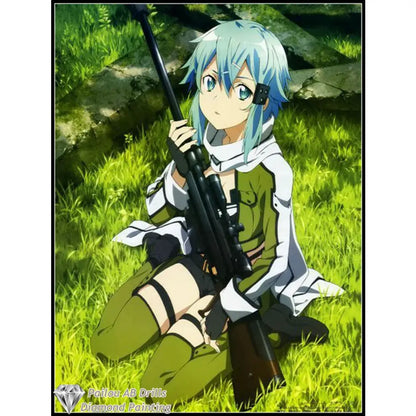 Black sniper rifle with scope held by anime character in sword art online asuna and kirito diamond painting mosaic