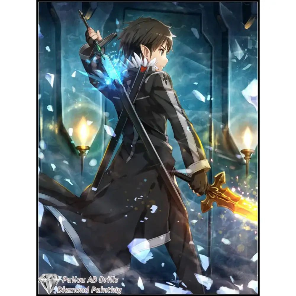 Black and silver armored fantasy character with glowing blue and golden swords in sword art online diamond painting mosaic