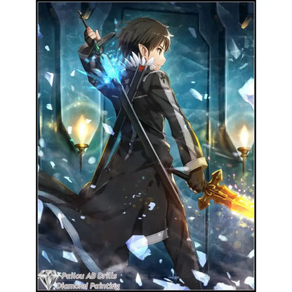 Black and silver armored fantasy character with glowing blue and golden swords in sword art online diamond painting mosaic