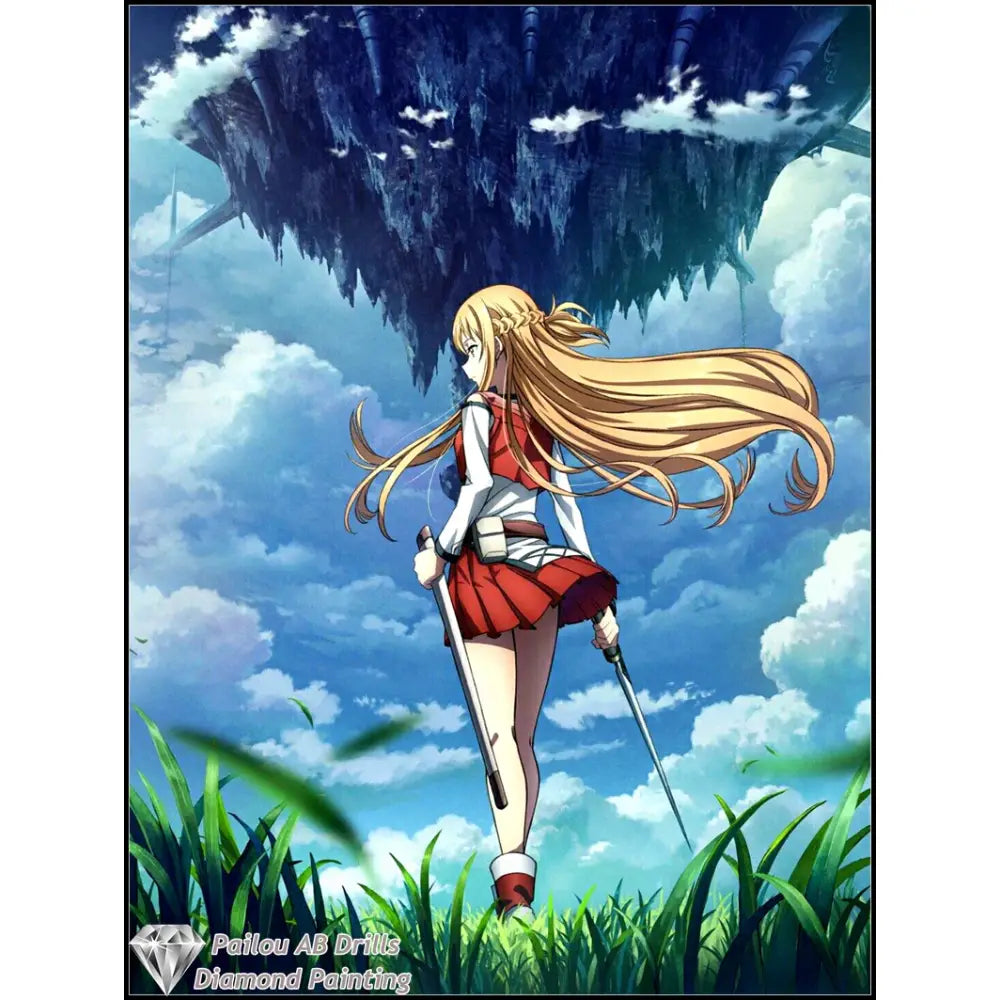 Blonde anime girl in red and white school uniform holding swords in tall grass diamond painting mosaic product