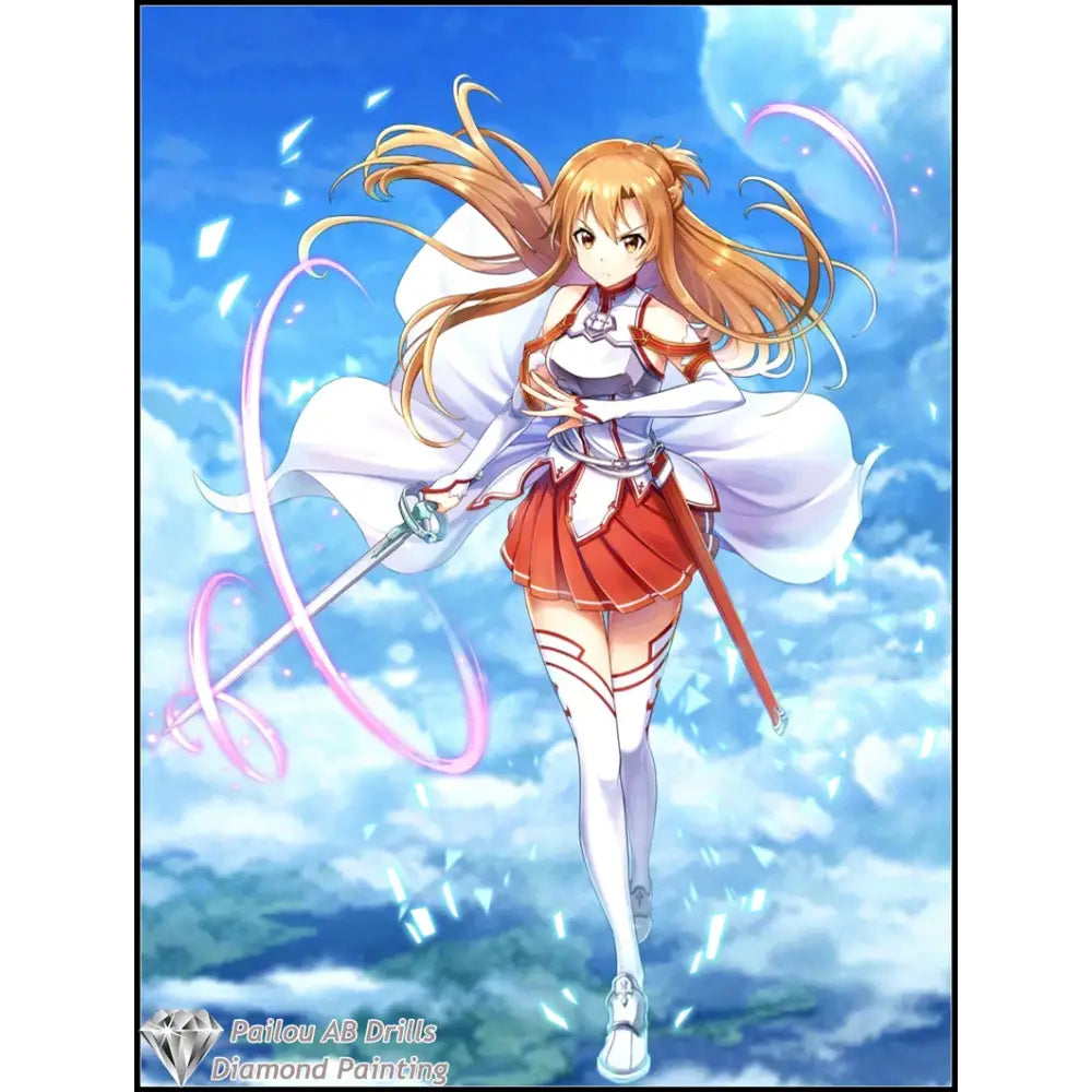 A vibrant anime-style diamond painting mosaic of asuna with long orange hair in white and red armor from sword art online