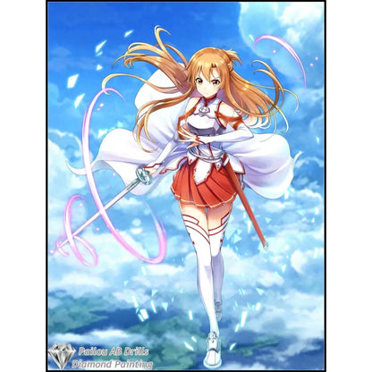 A vibrant anime-style diamond painting mosaic of asuna with long orange hair in white and red armor from sword art online