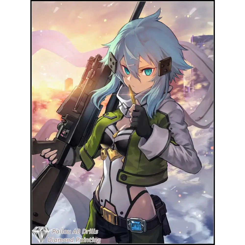 Stylized anime character with light blue hair and teal eyes holding a black rifle in sword art online diamond painting mosaic
