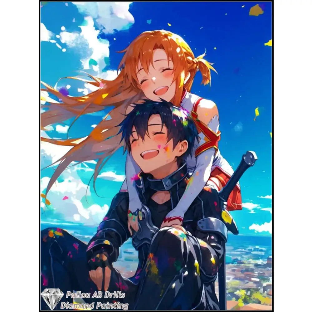 Sword art online asuna and kirito diamond painting mosaic featuring two anime characters smiling in a bright blue sky diamond painting