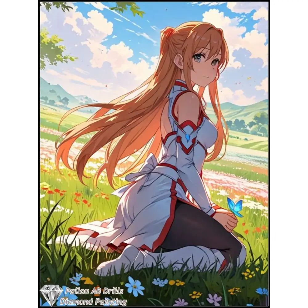 A delicate light blue butterfly with translucent wings rests in a hand in the sword art online asuna and kirito diamond painting mosaic
