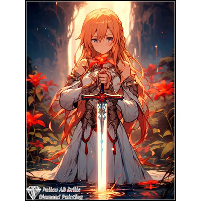Sword art online asuna and kirito diamond painting mosaic featuring a glowing sword with red black hilt and blue gemstones