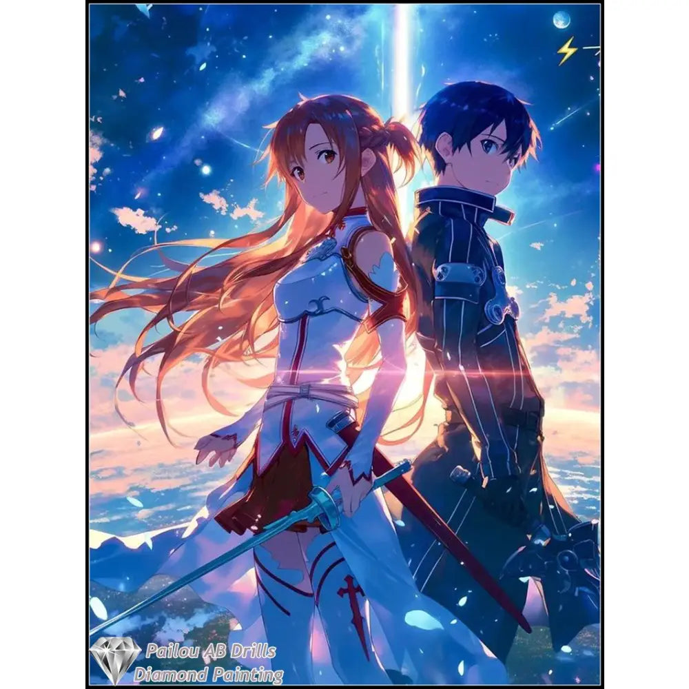 Vibrant anime-style sword art online asuna and kirito diamond painting mosaic with orange and dark blue armored characters