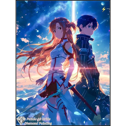 Vibrant anime-style sword art online asuna and kirito diamond painting mosaic with orange and dark blue armored characters